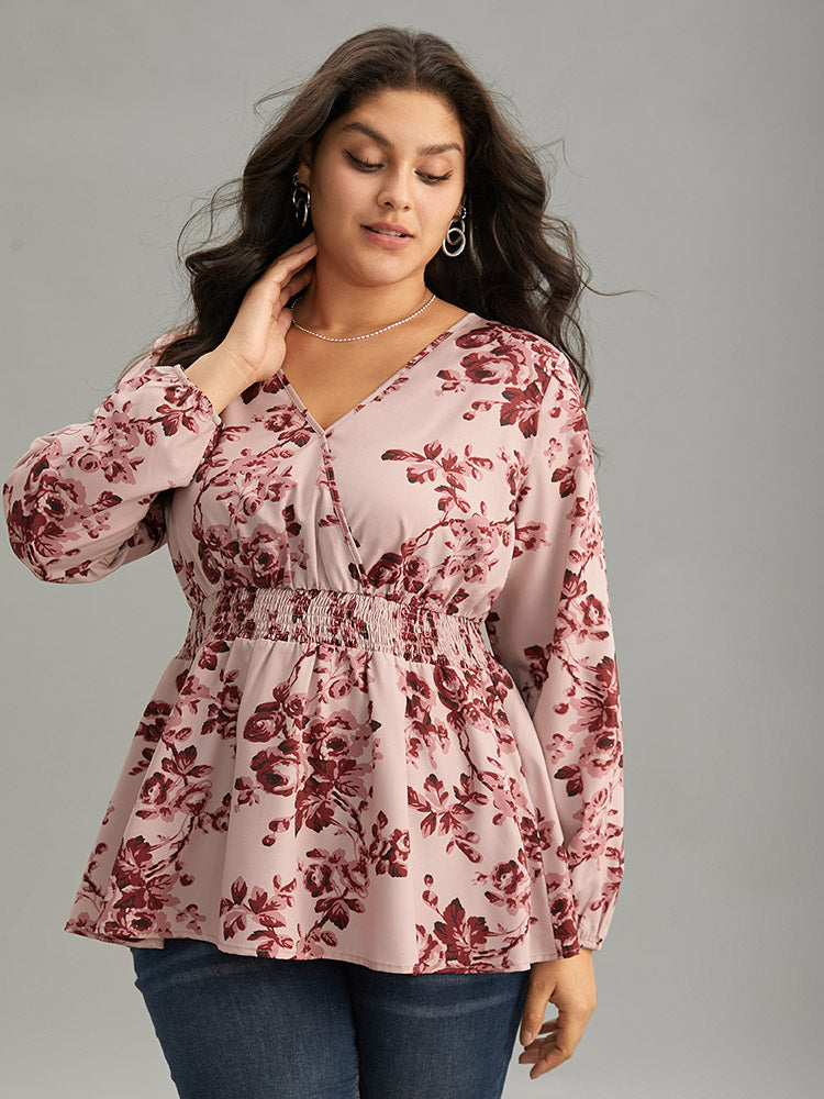 Floral Print Shirred Surplice Neck Blouse