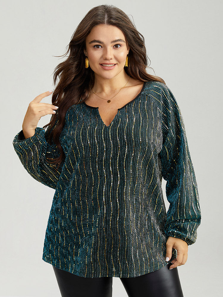 Sequin Notched Lantern Sleeve Blouse