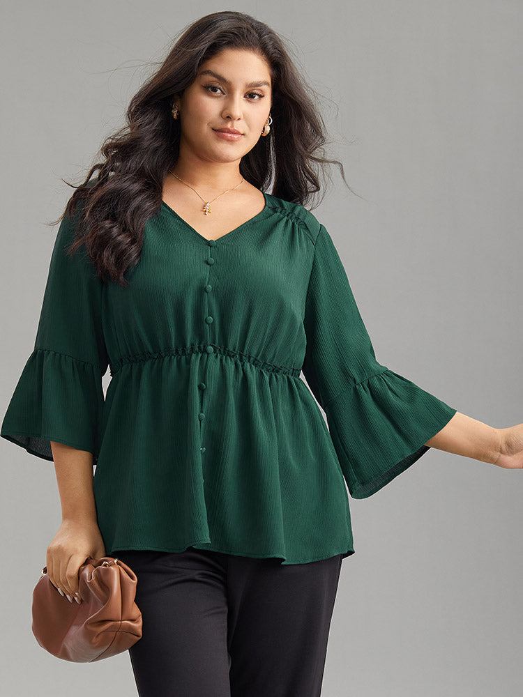 Plisse Button Detail Elastic Waist Blouse