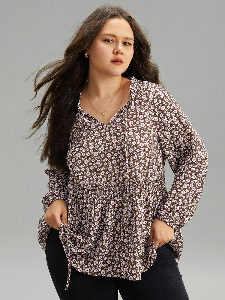 Ditsy Floral Knot Neck Gathered Blouse