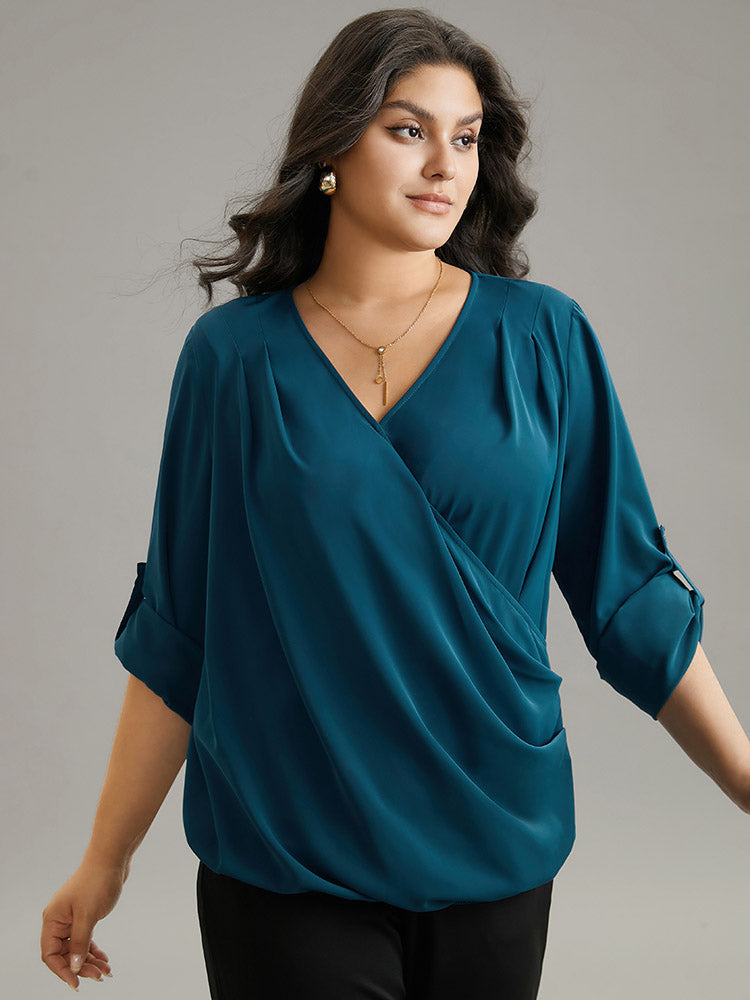 Solid Crossover Roll Tab Sleeve Blouse