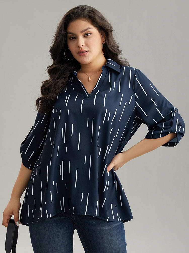 Geometric Shirt Collar Roll Tab Sleeve Blouse