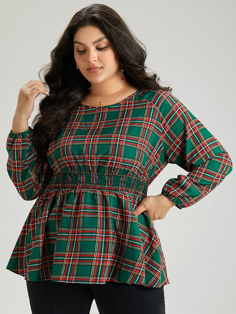 Christmas Plaid Shirred Ruffle Hem Blouse