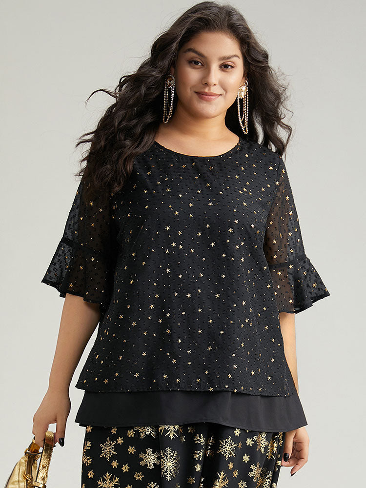 Star Glitter Flutter Sleeve Mesh Blouse