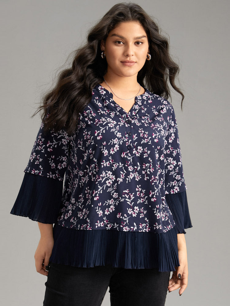 Ditsy Floral Pleated Cuffs Patchwork Blouse