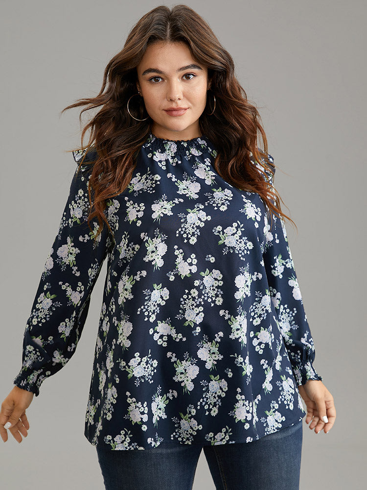 Ruffle Trim Floral Print Shirred Blouse