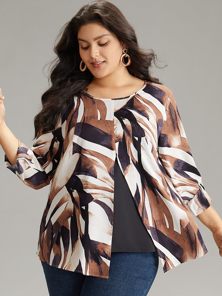 Geometric Print 2-In-1 Split Round Neck Blouse