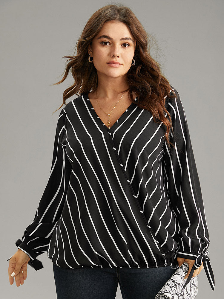 Striped Bowknot Cuffs Surplice Neck Blouse