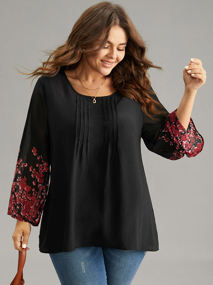 Boho Print Pleated Mesh Ruffle Sleeve Blouse