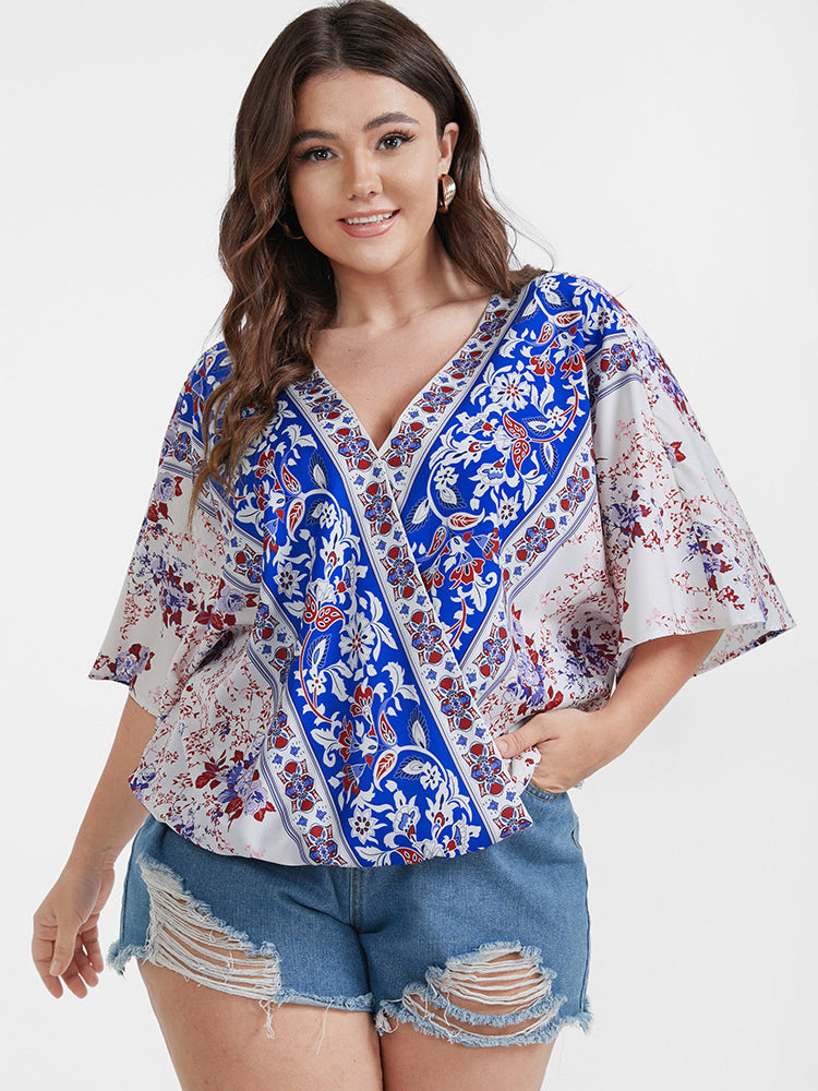 Floral Bell Sleeve Elastic Waist Button Wrap Blouse