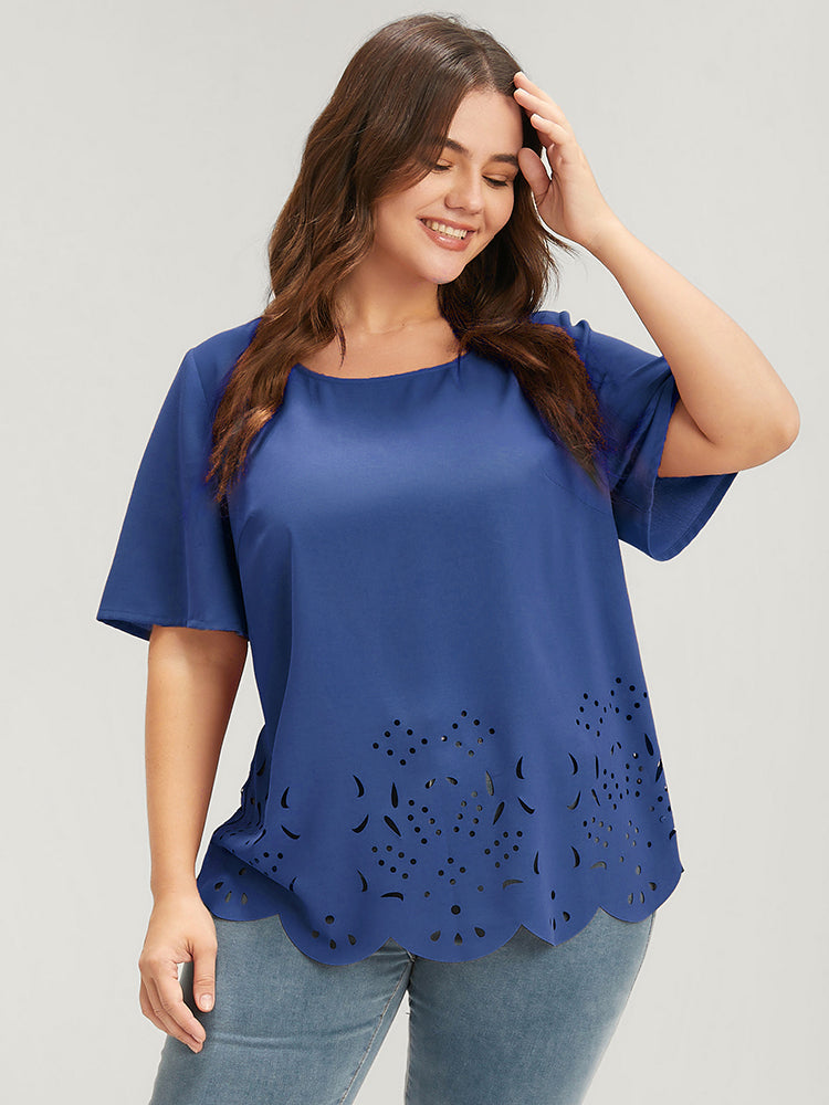 Plain Cut Out Round Neck Blouse