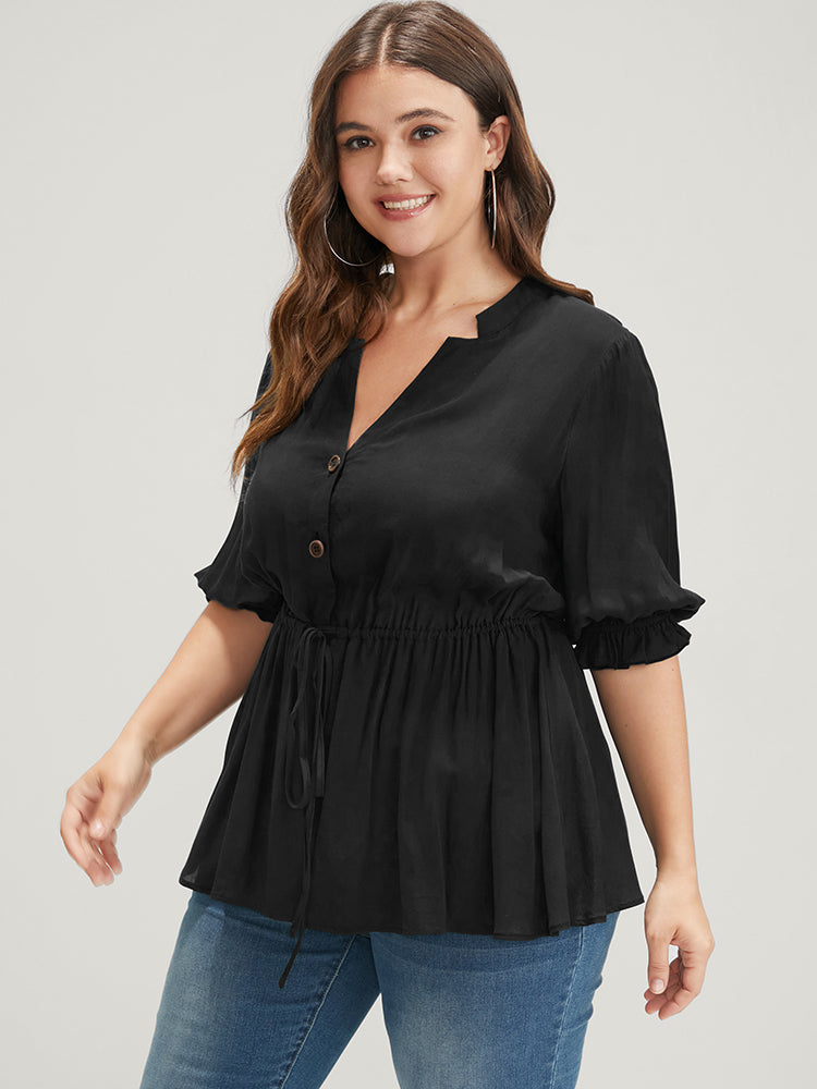 Plain Drawstring Button Flutter Blouse