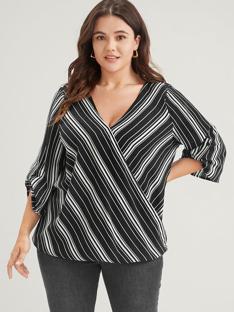 Striped Button Cuffed Sleeve Wrap Blouse