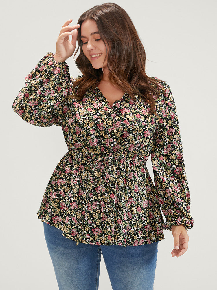 Ditsy Floral Ties Lantern Sleeve Blouse