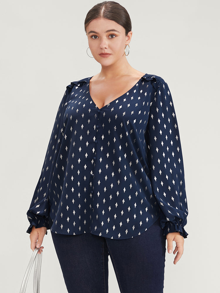 Geometric Print Lantern Sleeve V Neck Blouse