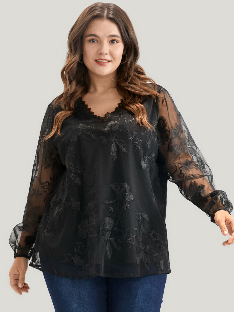 Floral Lace Mesh Lantern Sleeve Blouse