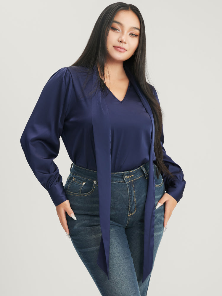 Solid Knotted V Neck Satin Blouse