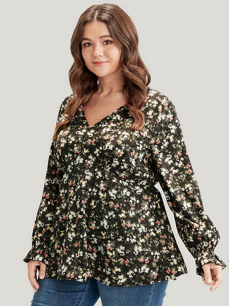 Floral V Neck Lantern Sleeve Ruffles Blouse