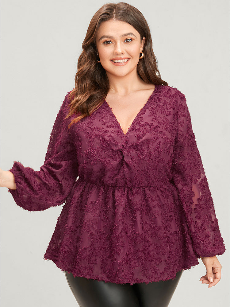 Floral Textured Mesh Lantern Sleeve Twist Front Blouse