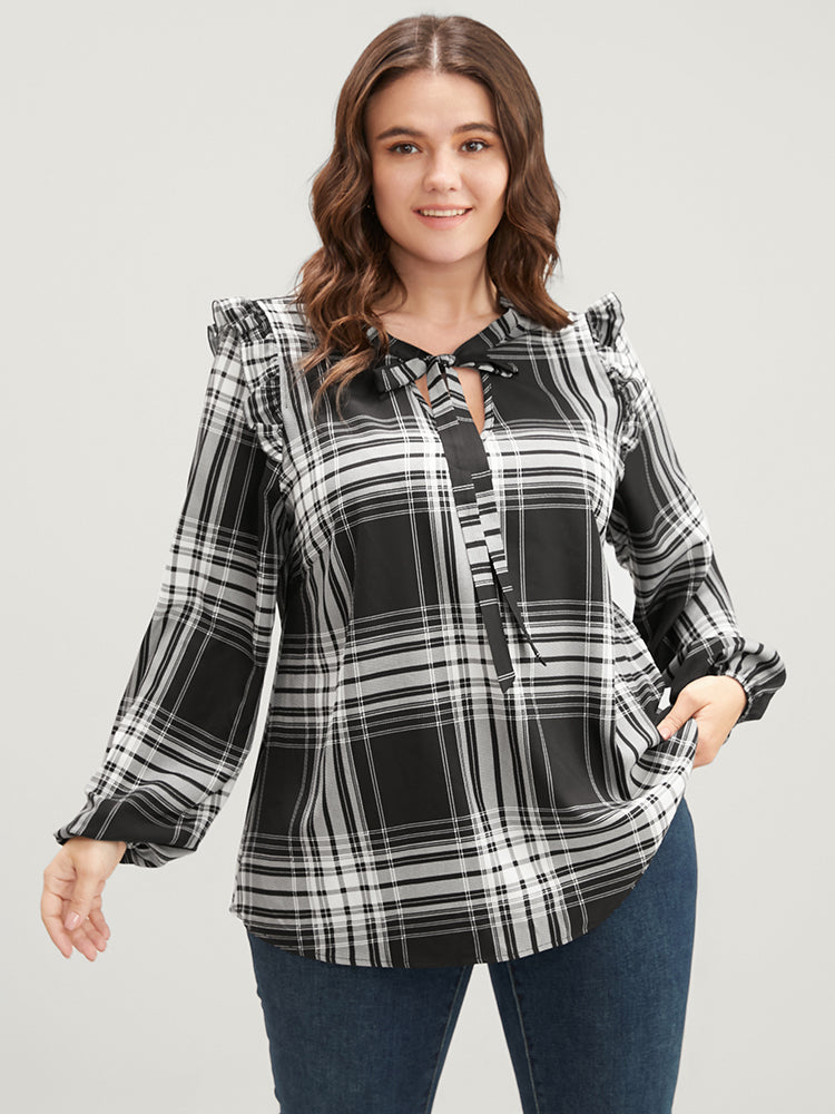 Plaid Lantern Sleeve Keyhole Knotted Neck Ruffles Trim Blouse