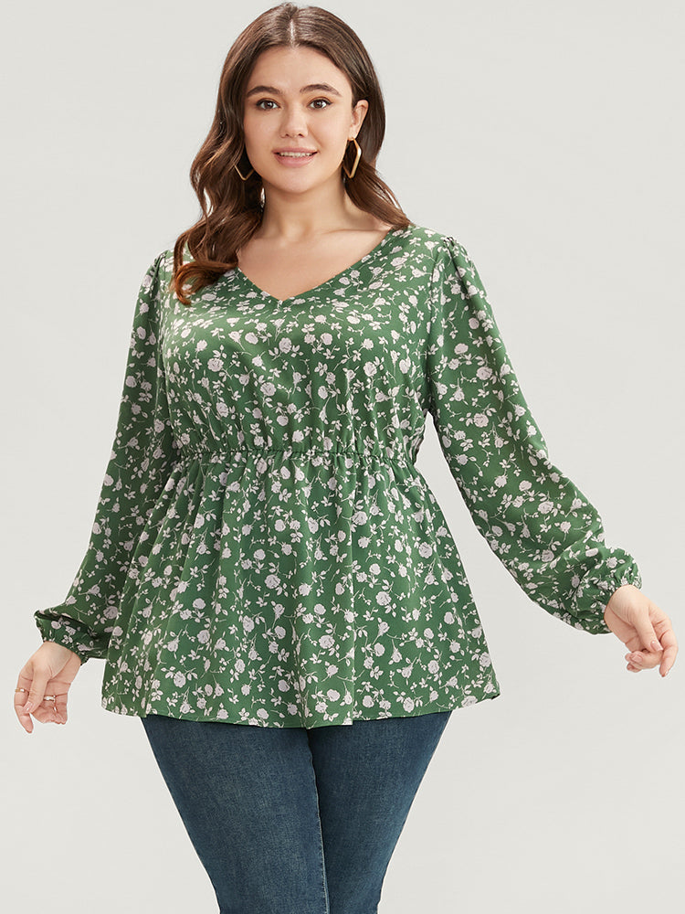 Ditsy Floral V Neck Lantern Sleeve Blouse