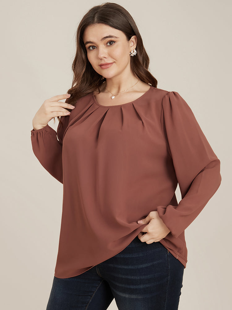 Solid Round Neck Pleated Lantern Sleeve Blouse