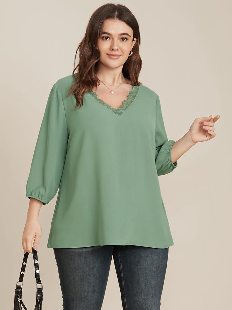 Solid Lantern Sleeve Lace Trim V Neck Blouse