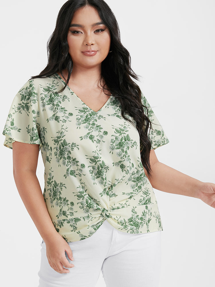 Ditsy Floral Twist-front Flutter V Neck Blouse