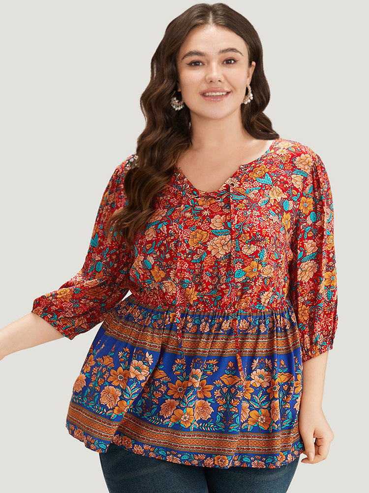 Boho Print Elastic Waist Lace Up Lantern Sleeve Blouse