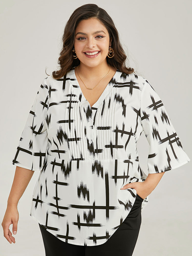 Brush Print V Neck Pleated Ruffles Button Up Blouse