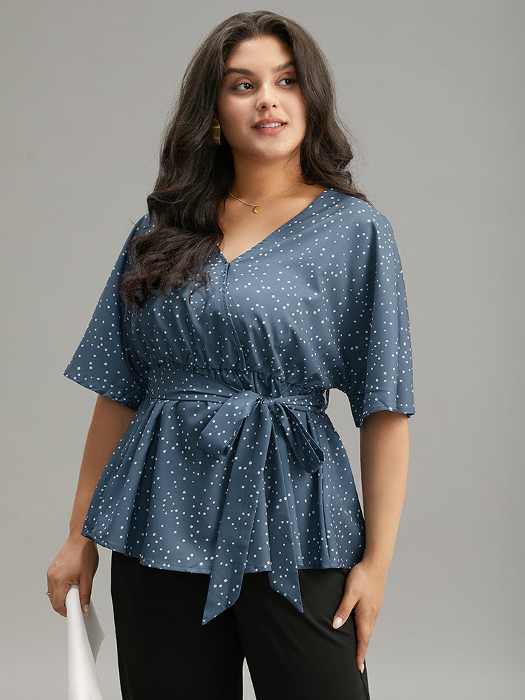 Polka Dot Flutter Sleeve Wrap Belted Blouse