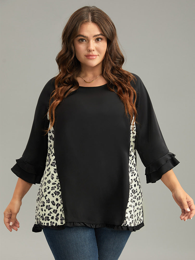 Leopard Print Patchwork Frill Trim Blouse