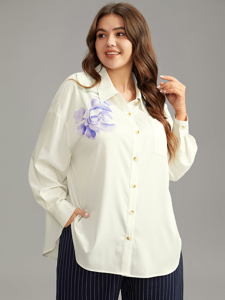 Shirt Collar Floral Print Patched Pocket Blouse