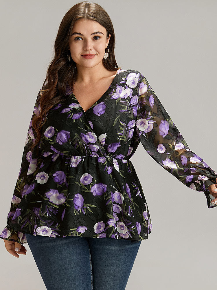 Chiffon Floral Mesh Wrap Ruffle Hem Blouse