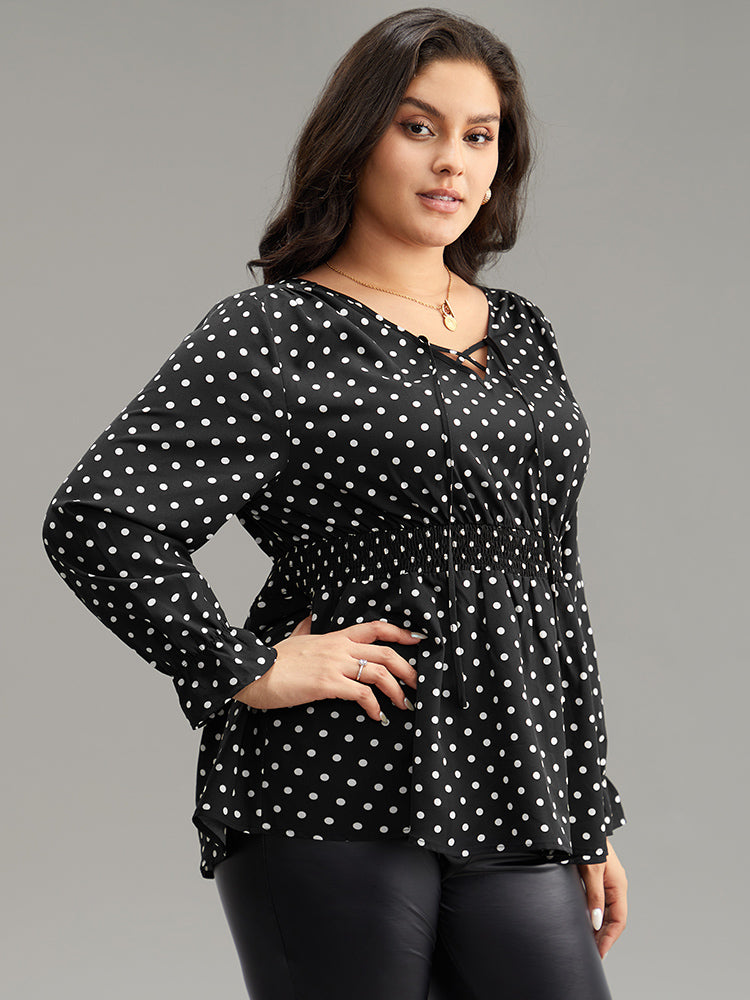 Polka Dot Lace Up Shirred Flutters Blouse