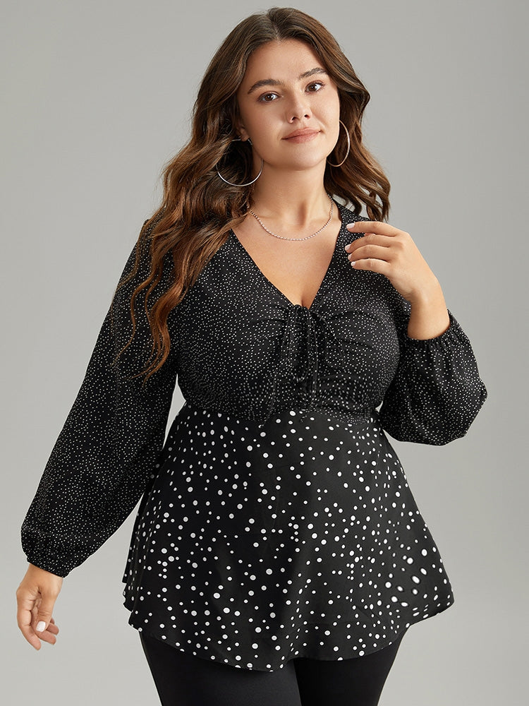 Polka Dot Ruched Ties Lantern Sleeve Blouse