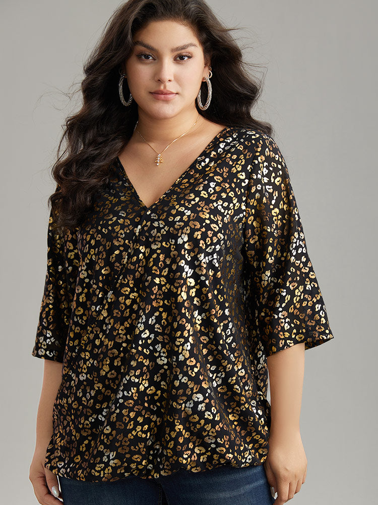 Leopard Glitter Wrap V Neck Blouse