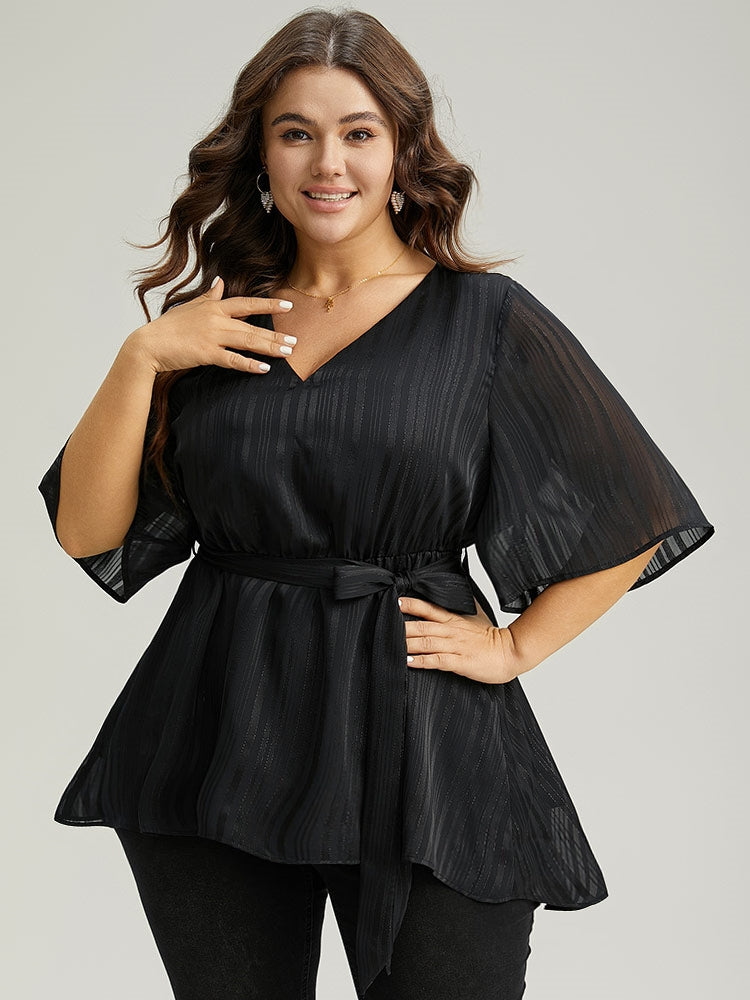 Solid Chiffon Belted High Low Hem Blouse