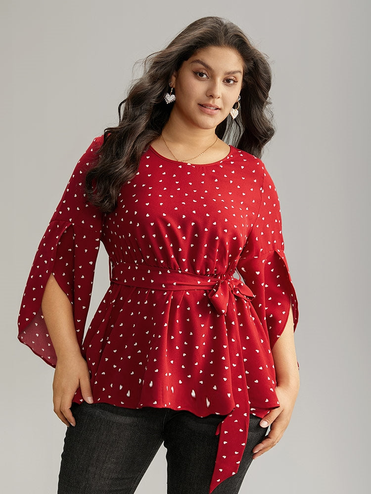 Heart Print Belted Petal Sleeve High Low Hem Blouse