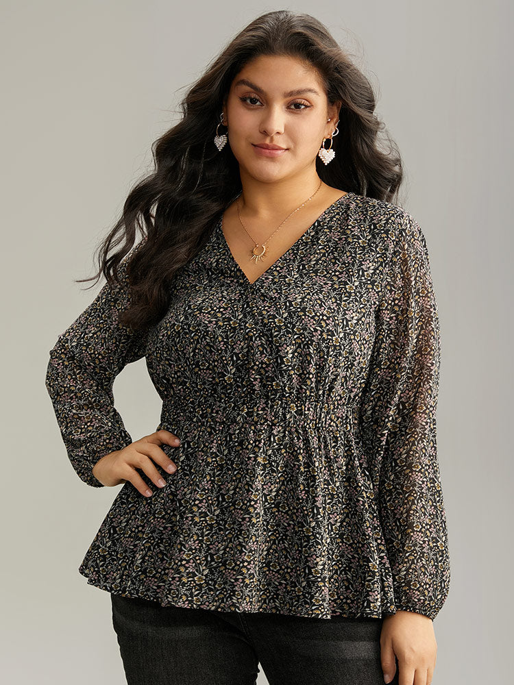 Ditsy Floral Shirred Lantern Sleeve Blouse