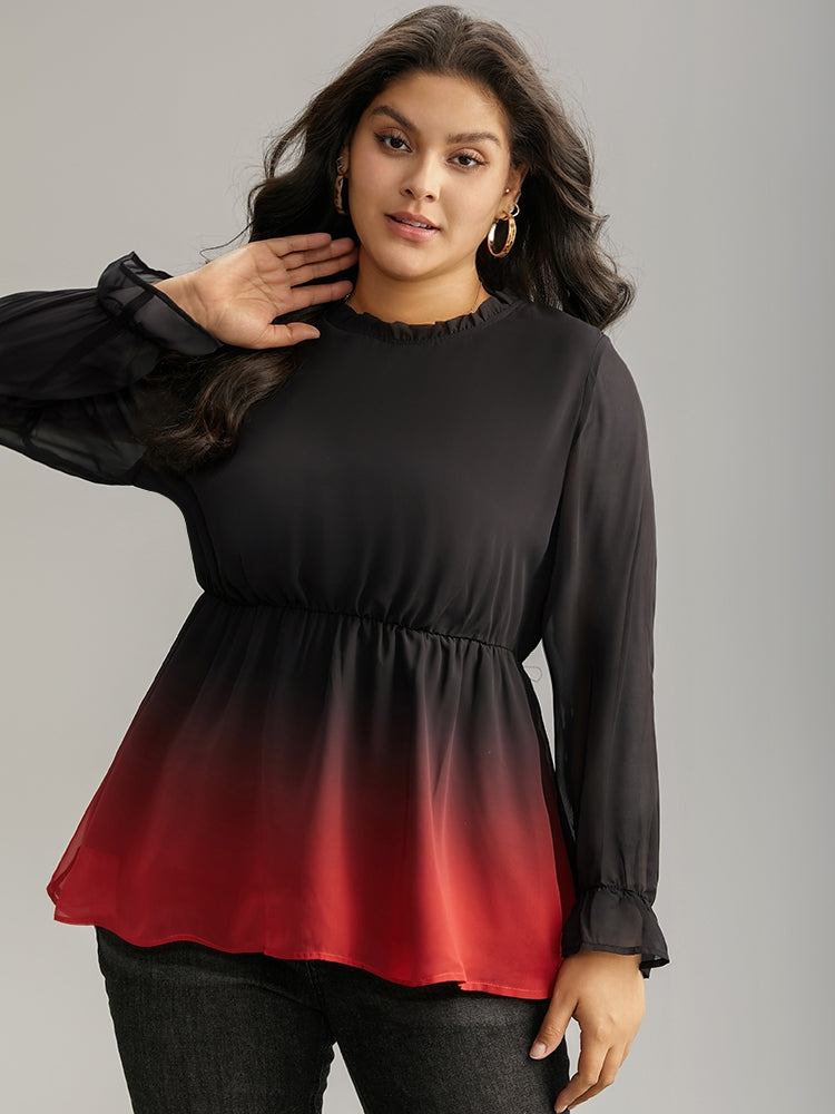 Ombre Contrast Frill Trim Ruffle Hem Blouse