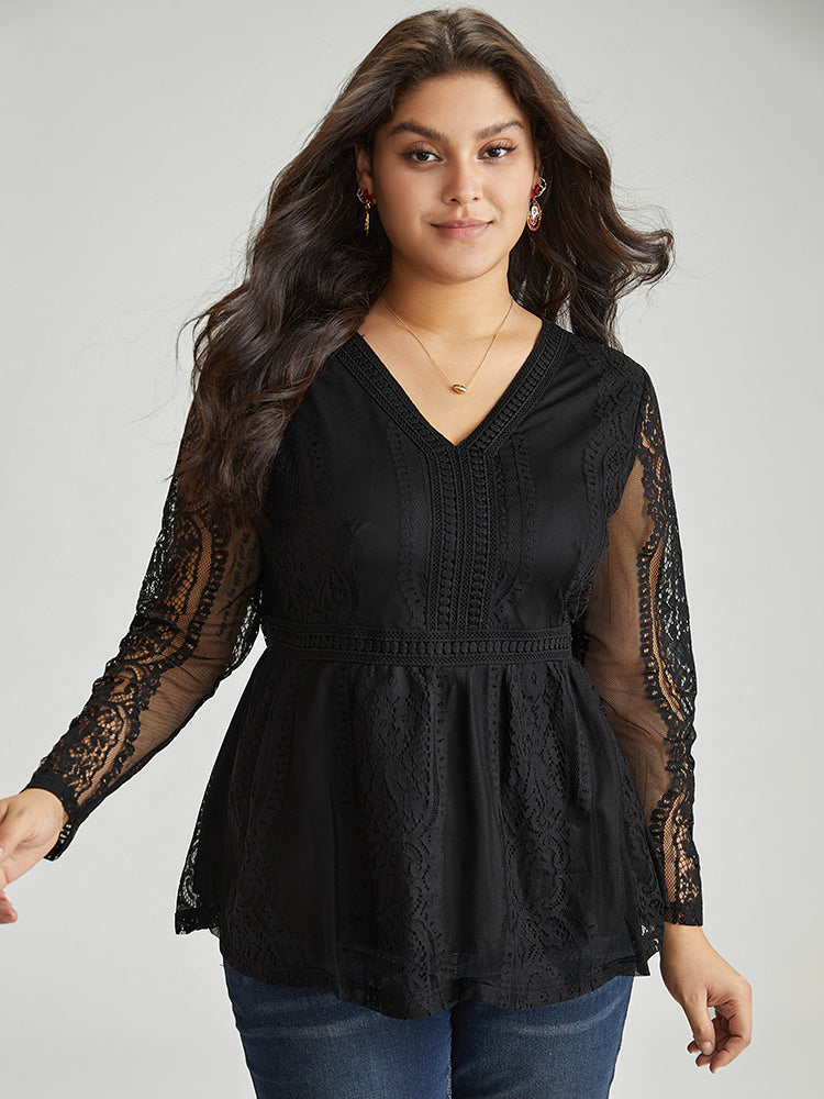 Solid Guipure Lace Mesh Elastic Waist Blouse