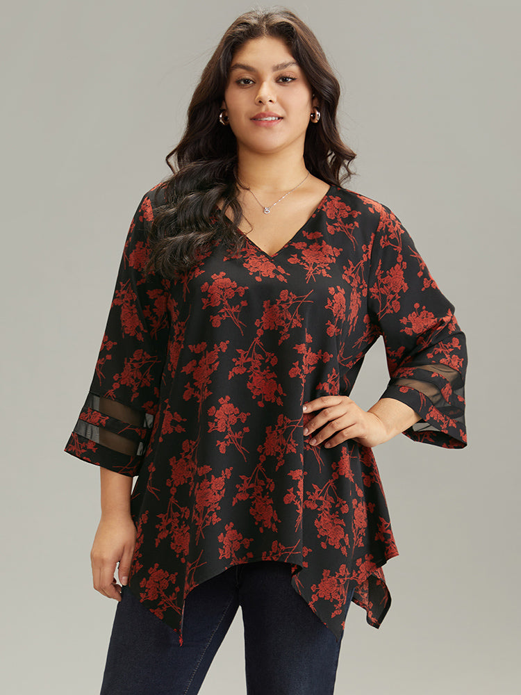 Silhouette Floral Print Patchwork Mesh Hanky Hem Blouse