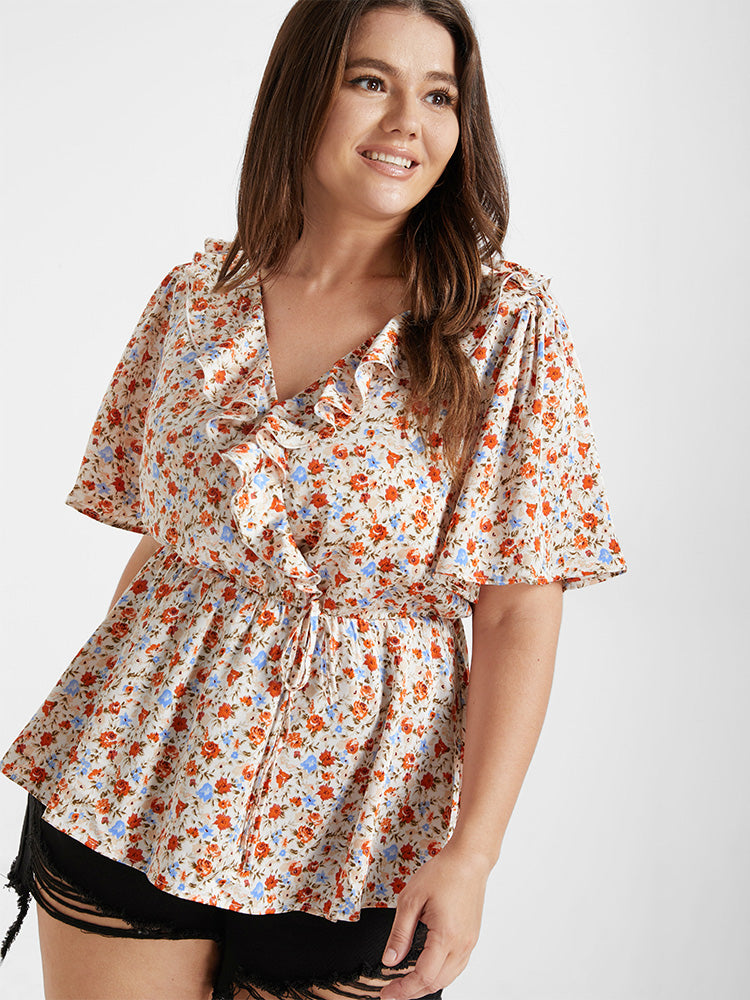 Ditsy Floral V Neck Ruffle Tie Front Blouse