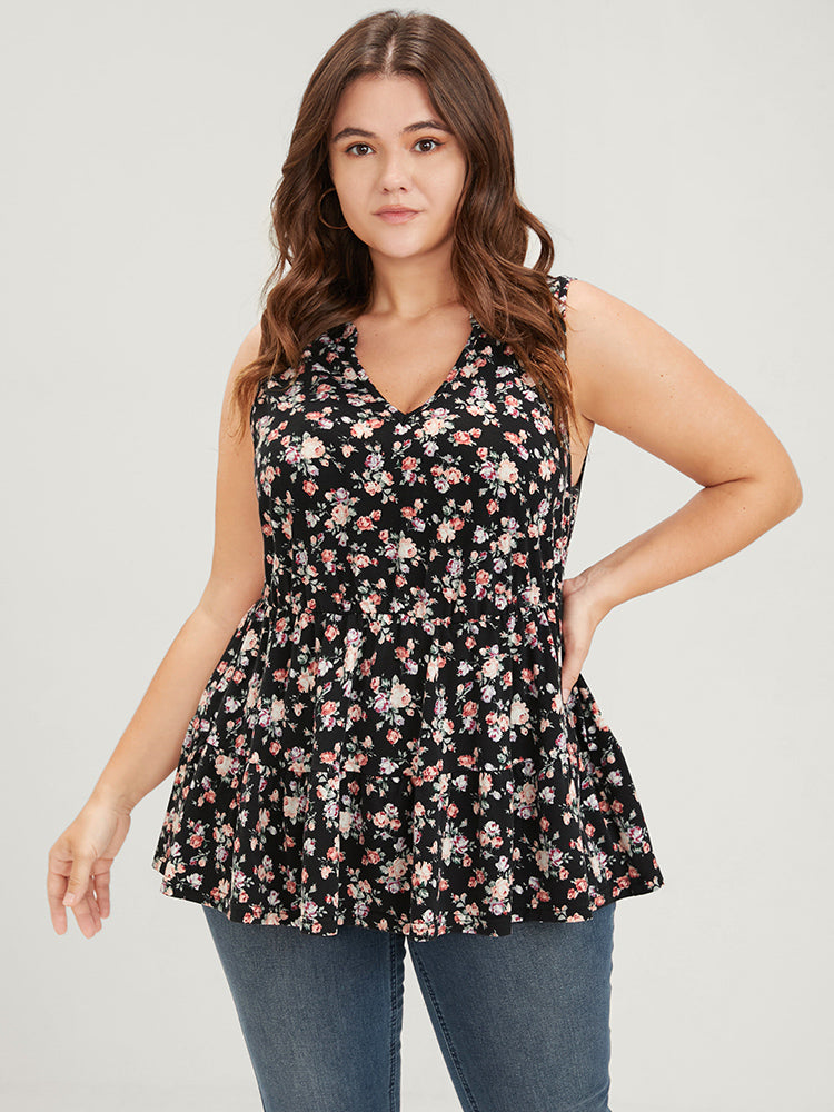 Ditsy Floral Badydoll Sleeveless Ruffle Tank Top