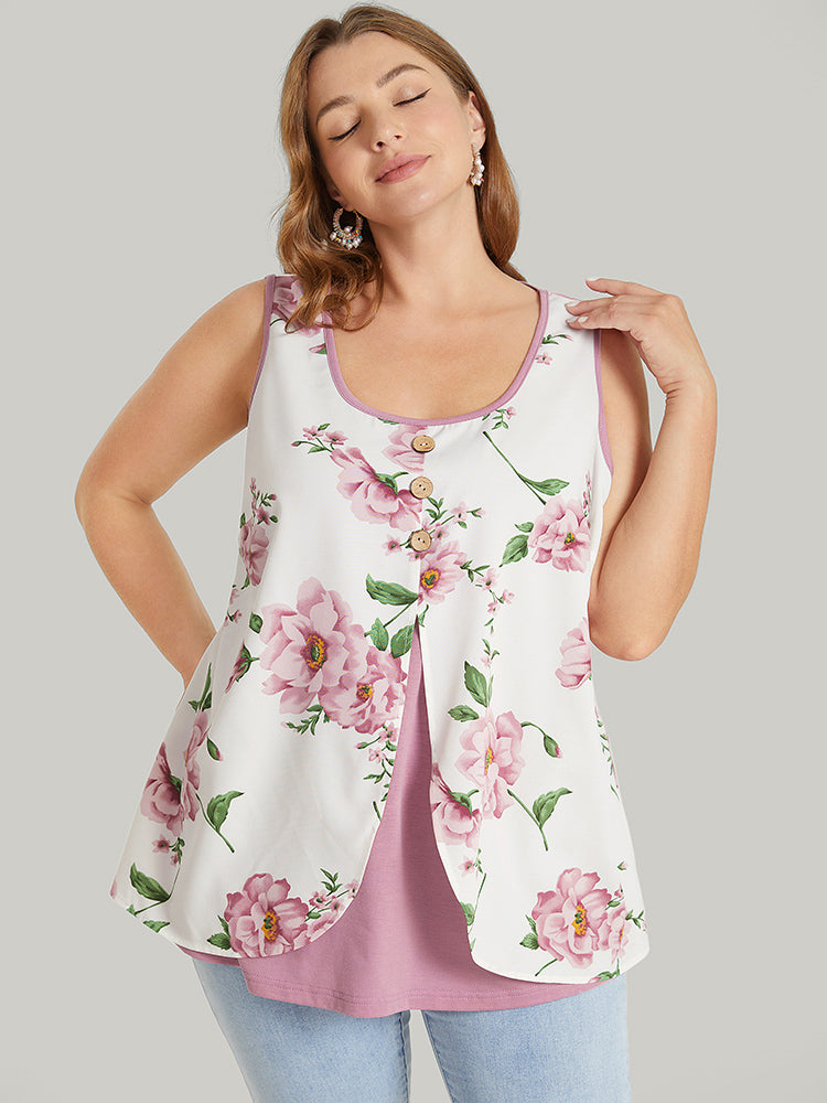 Floral Split Front Button Detail 2-In-1 Tank Top