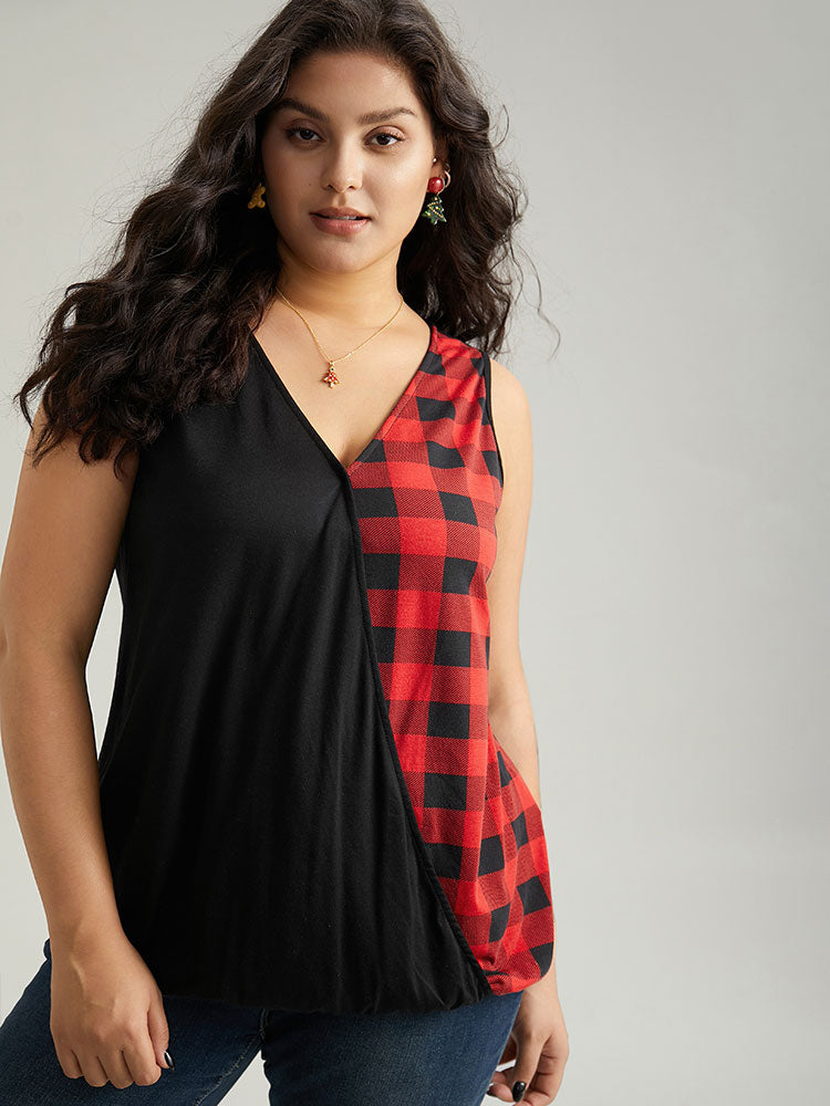 V Neck Plaid Patchwork Contrast Tank Top