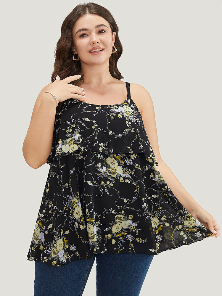 Floral Print Adjustable Straps Tiered Hem Cami Top