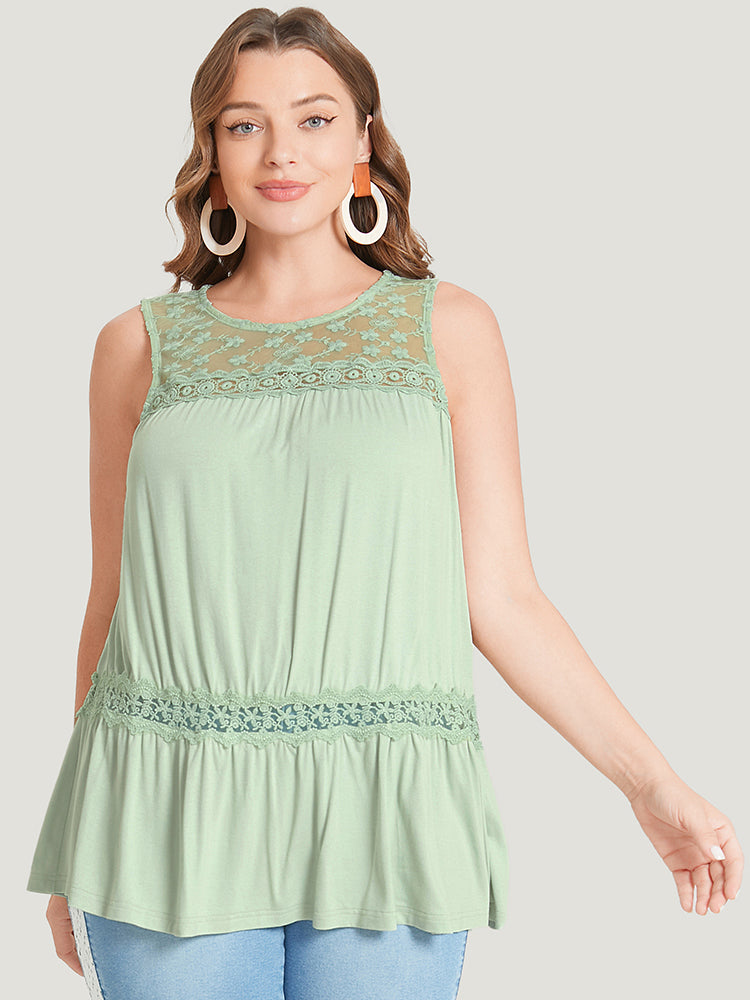 Plain Contrast Lace Mesh Ruffle Hem Tank Top