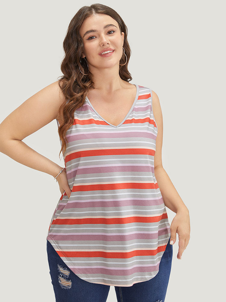 Striped Contrast V Neck Arc Hem Tank Top